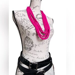 Retro Vibrant Hot Pink Magenta Fabric Beaded Layered Necklace